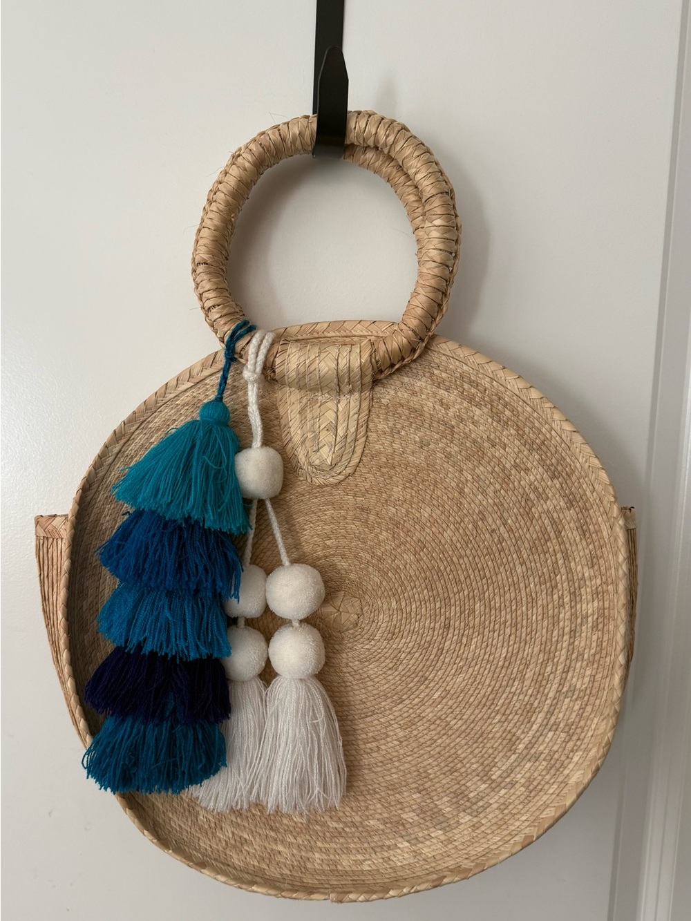 Round Straw Bag with Blue & White Tassels